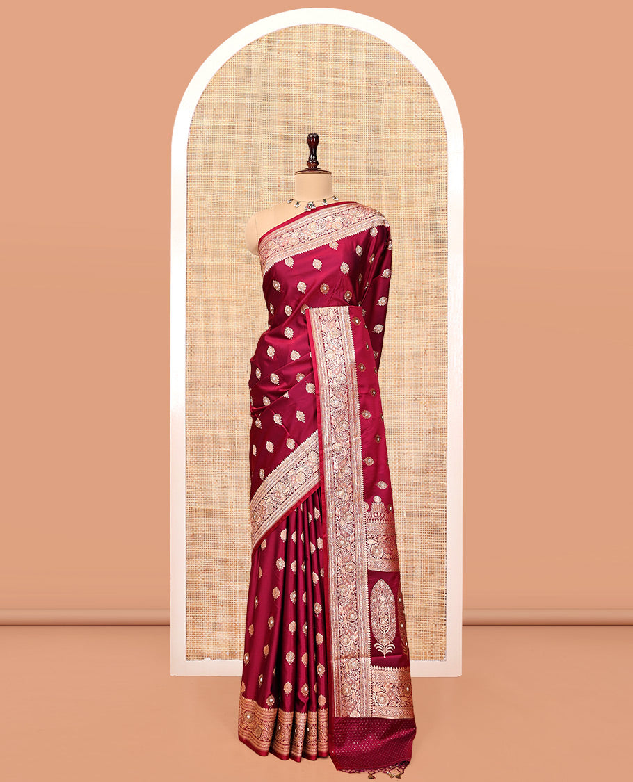 Red Wine Banarasi Satin Saree, Enthralled with Zari Buttas, a Floral Creeper Border, Intricate Stonework Pallu, and a Matching Blouse