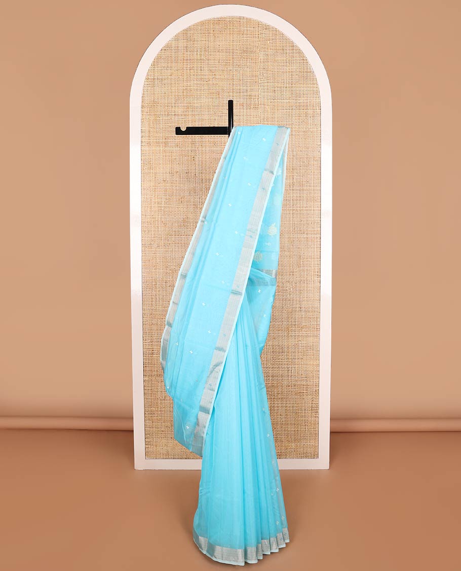 Light blue floral motifs chanderi cotton saree with contrast border & striped, floral design pallu