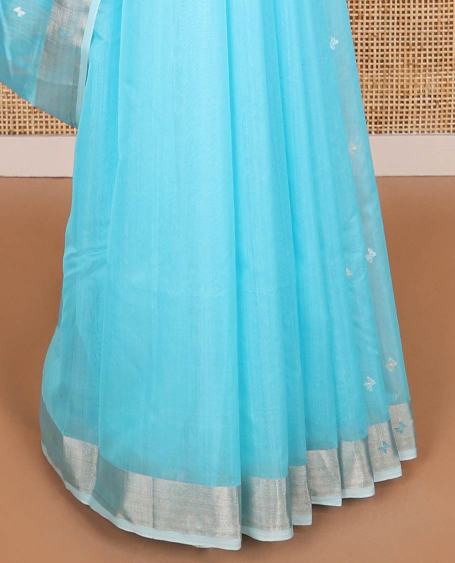 Light blue floral motifs chanderi cotton saree with contrast border & striped, floral design pallu