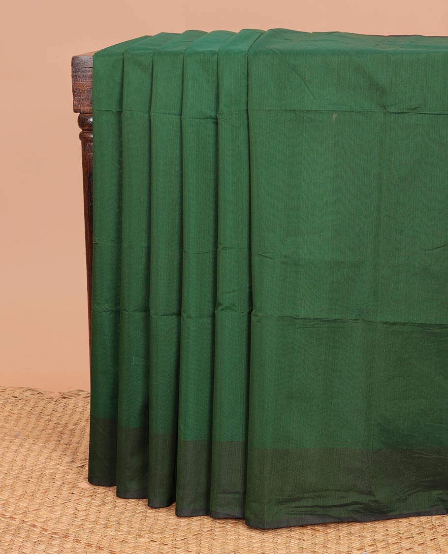 Green plain semi-silk cotton saree, plain border, and contrast plain pallu