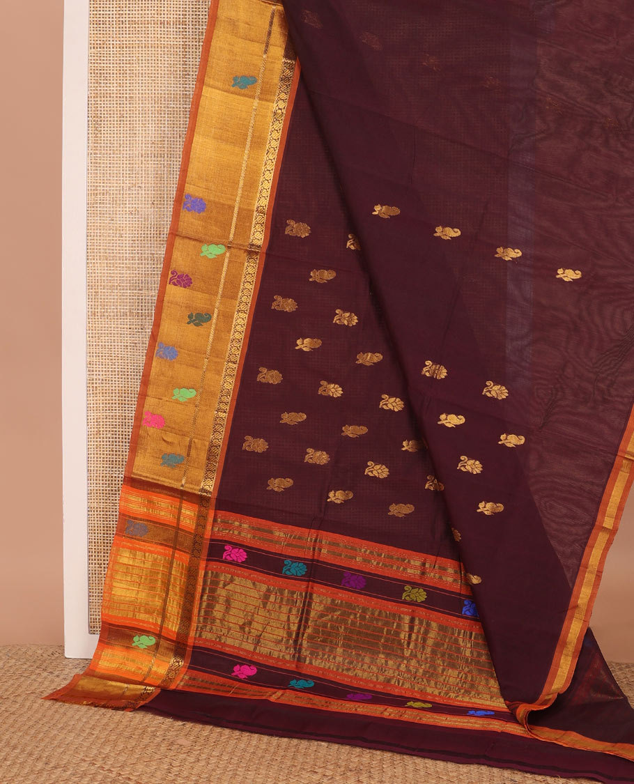 Maroon zari buttas Venkatagiri cotton saree, contrast zari and thread work border, and zari striped pallu