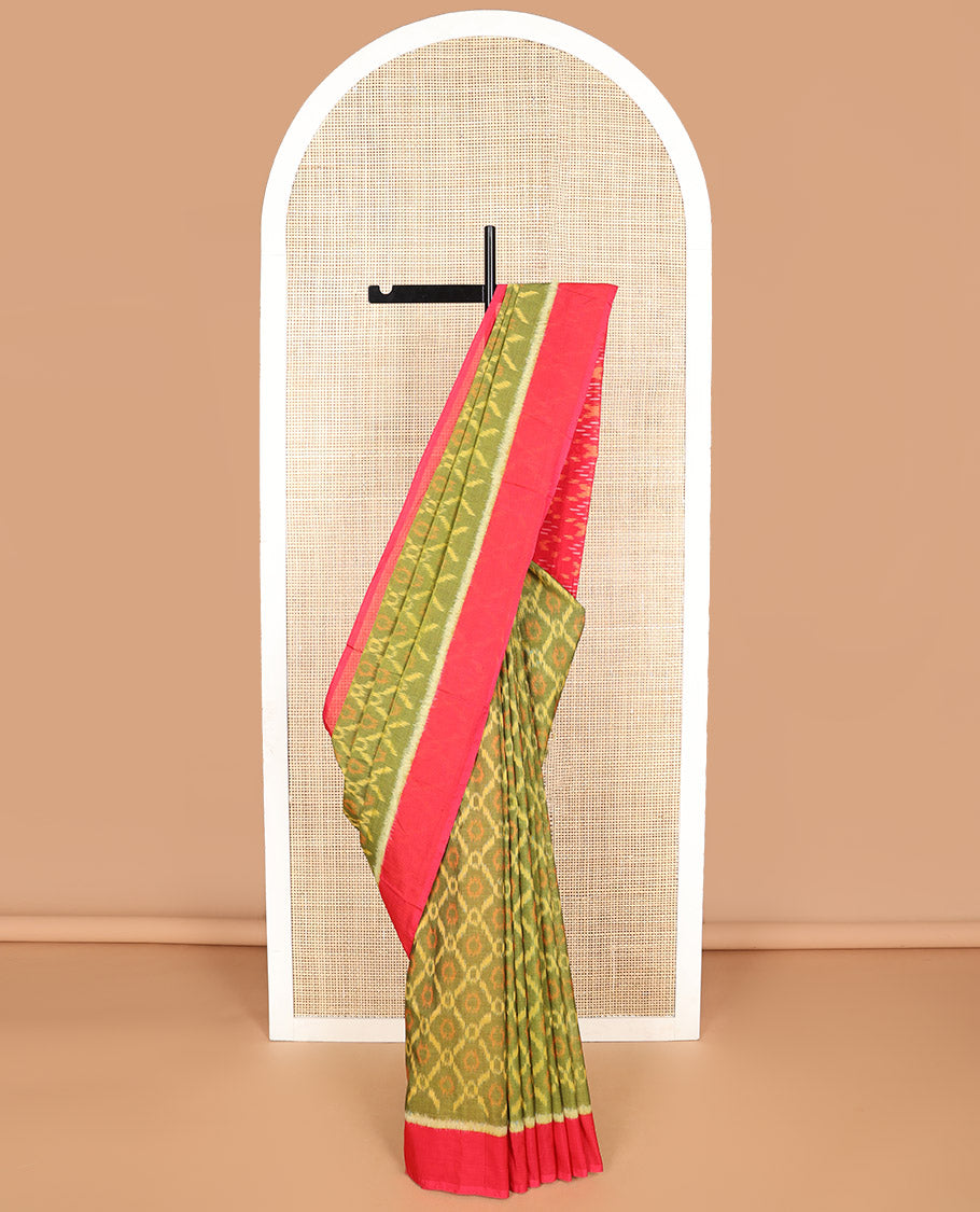 Green argyle design ikkat cotton saree with contrast border & geometric design pallu