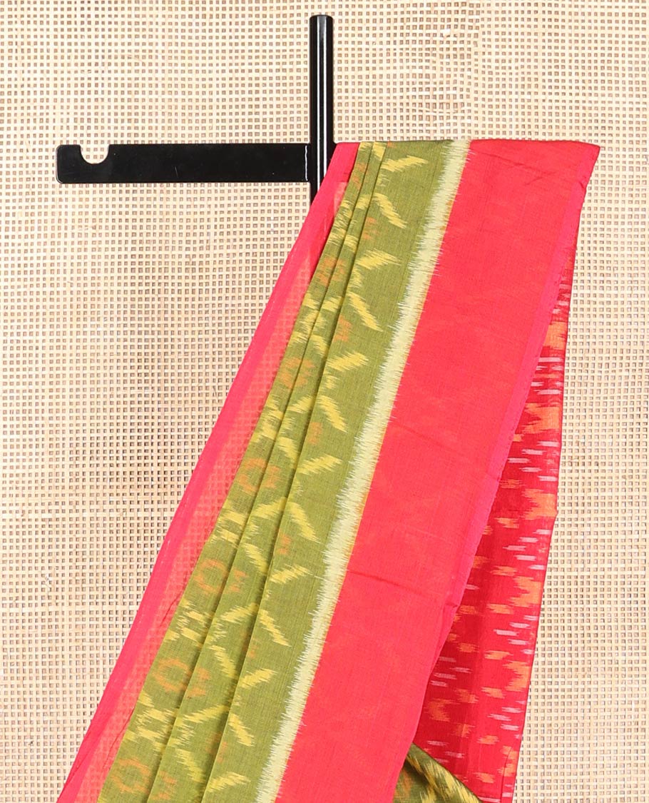 Green argyle design ikkat cotton saree with contrast border & geometric design pallu