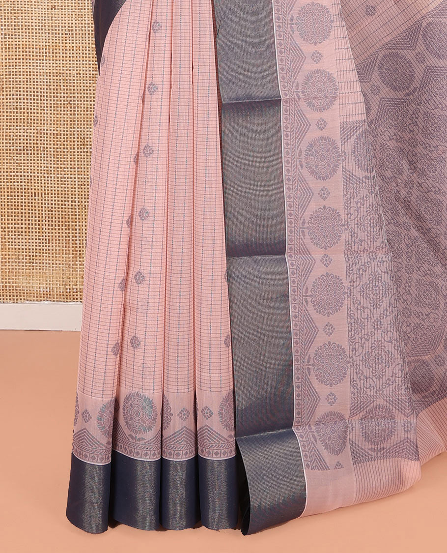 Peach Semi-Silk Cotton Saree, Adorned with Stripes and Buttas All Over Its Body, Complemented by Contrast Border, Pallu of Intricate Designs, and Paired with a Matching Blouse