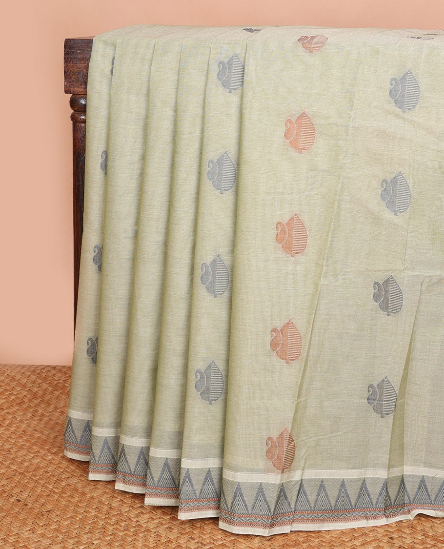 Green buttas Combatiore cotton saree, temple design border & intricately designed pallu