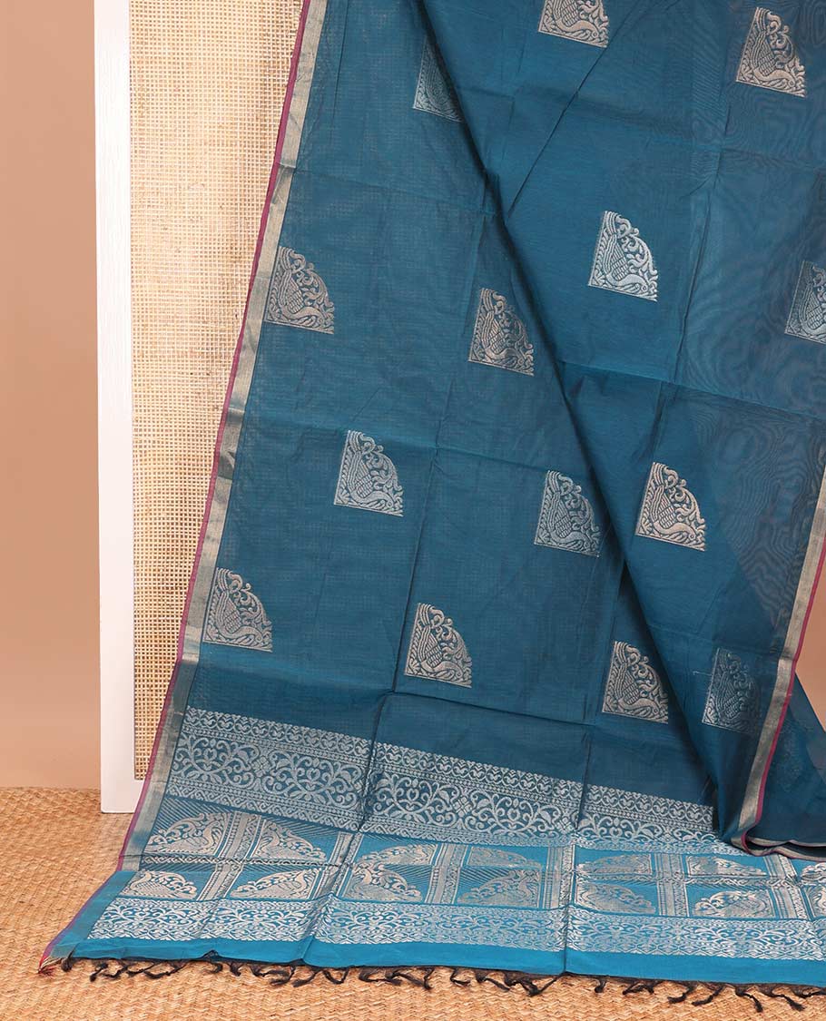 Blue zari buttas Coimbatore cotton saree, zari piping border, and pallu of Mughal style peacock designs