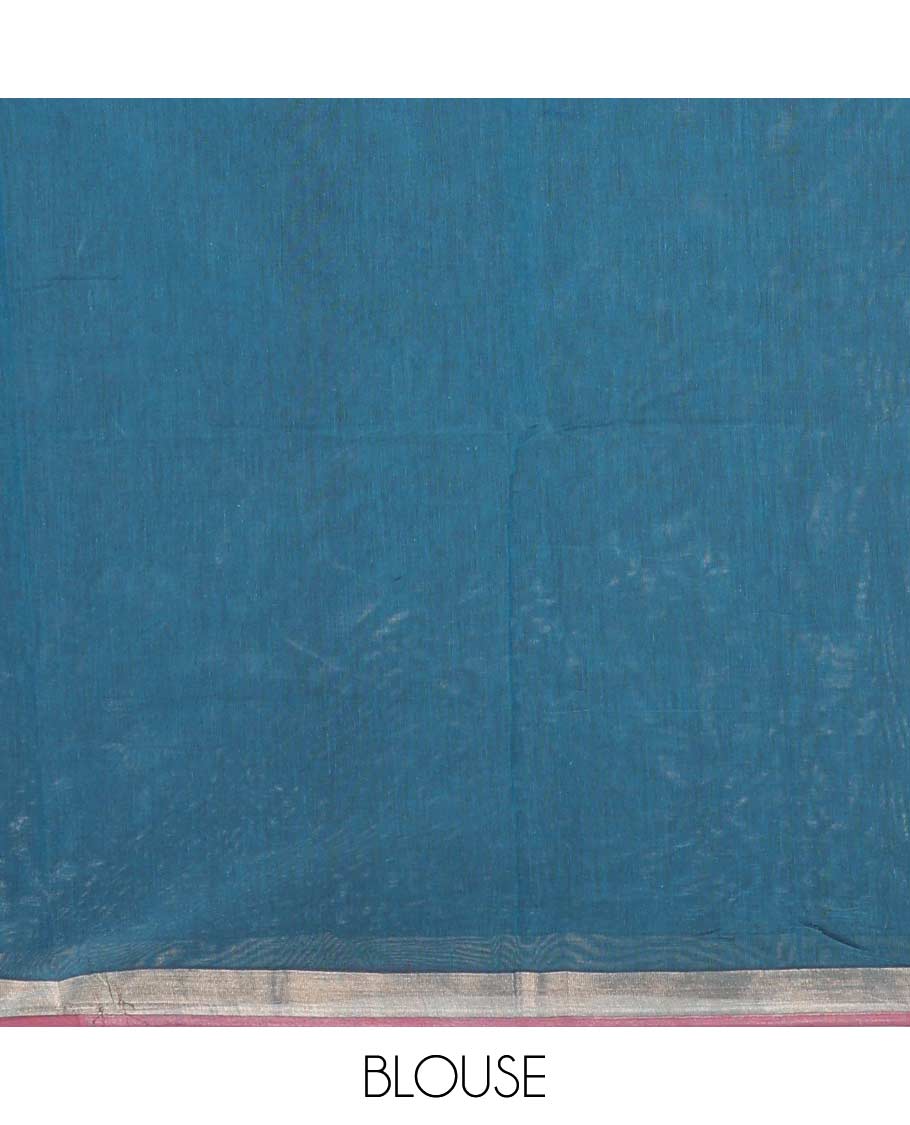 Blue zari buttas Coimbatore cotton saree, zari piping border, and pallu of Mughal style peacock designs