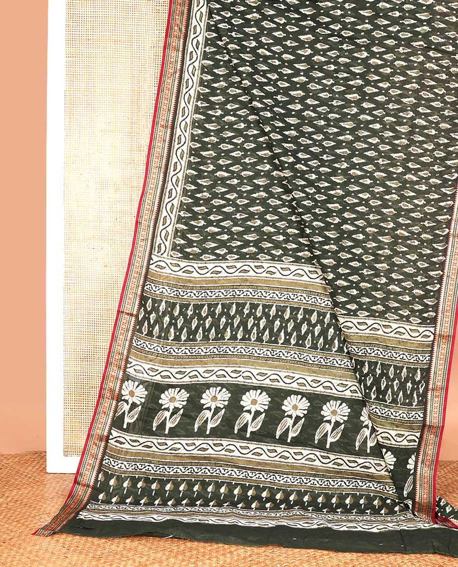 Green pine tree style motifs printed mul mul cotton saree, contrast traditional motifs border, and pallu of floral and pine tree motifs print