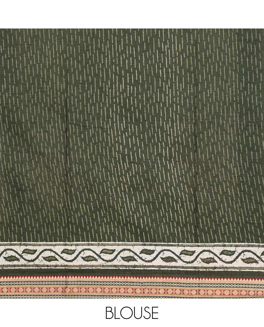 Green pine tree style motifs printed mul mul cotton saree, contrast traditional motifs border, and pallu of floral and pine tree motifs print