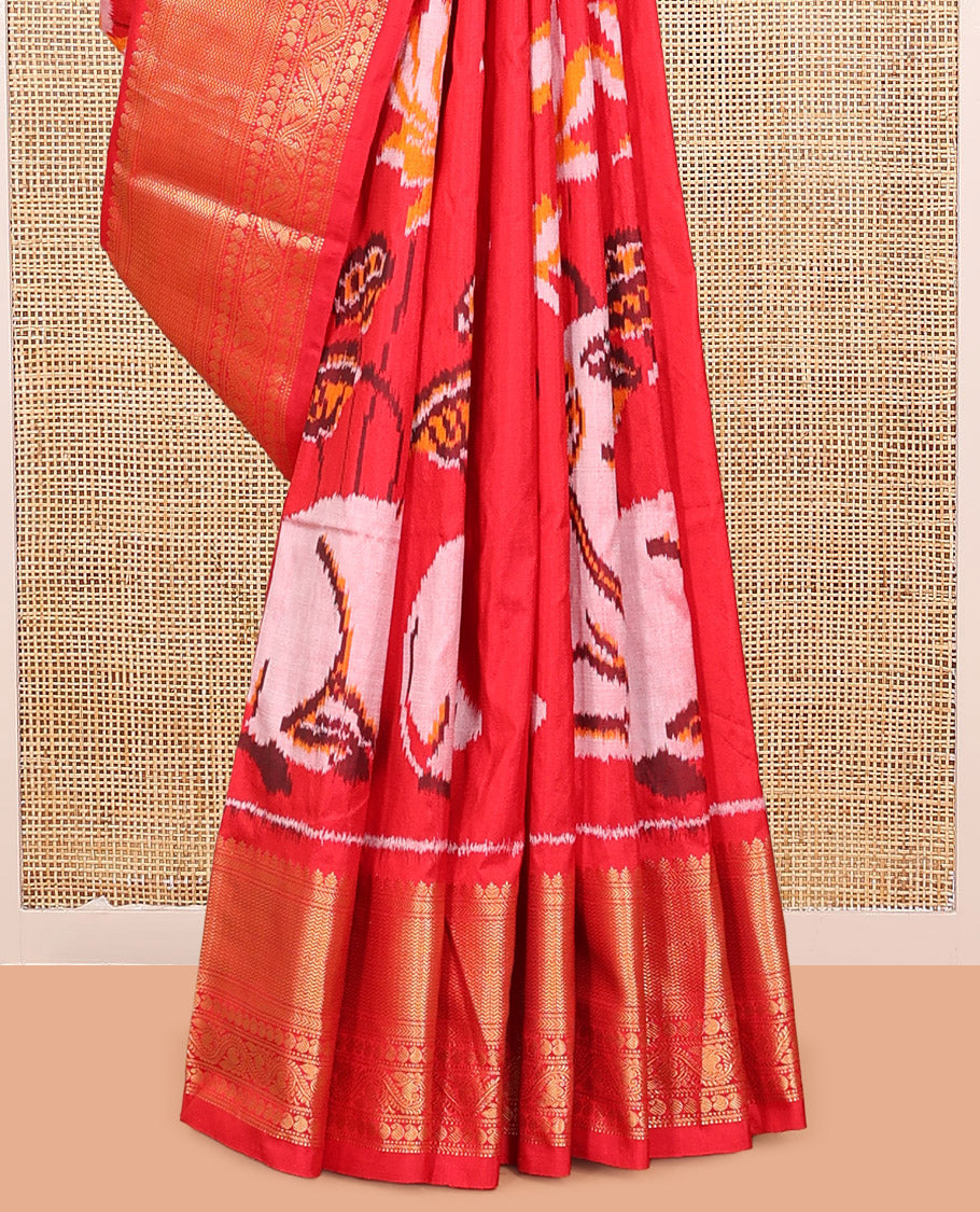 Red Floral Buttas Pochampally Ikat Saree, Zari Border