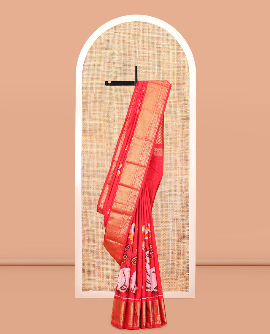 Red Floral Buttas Pochampally Ikat Saree, Zari Border