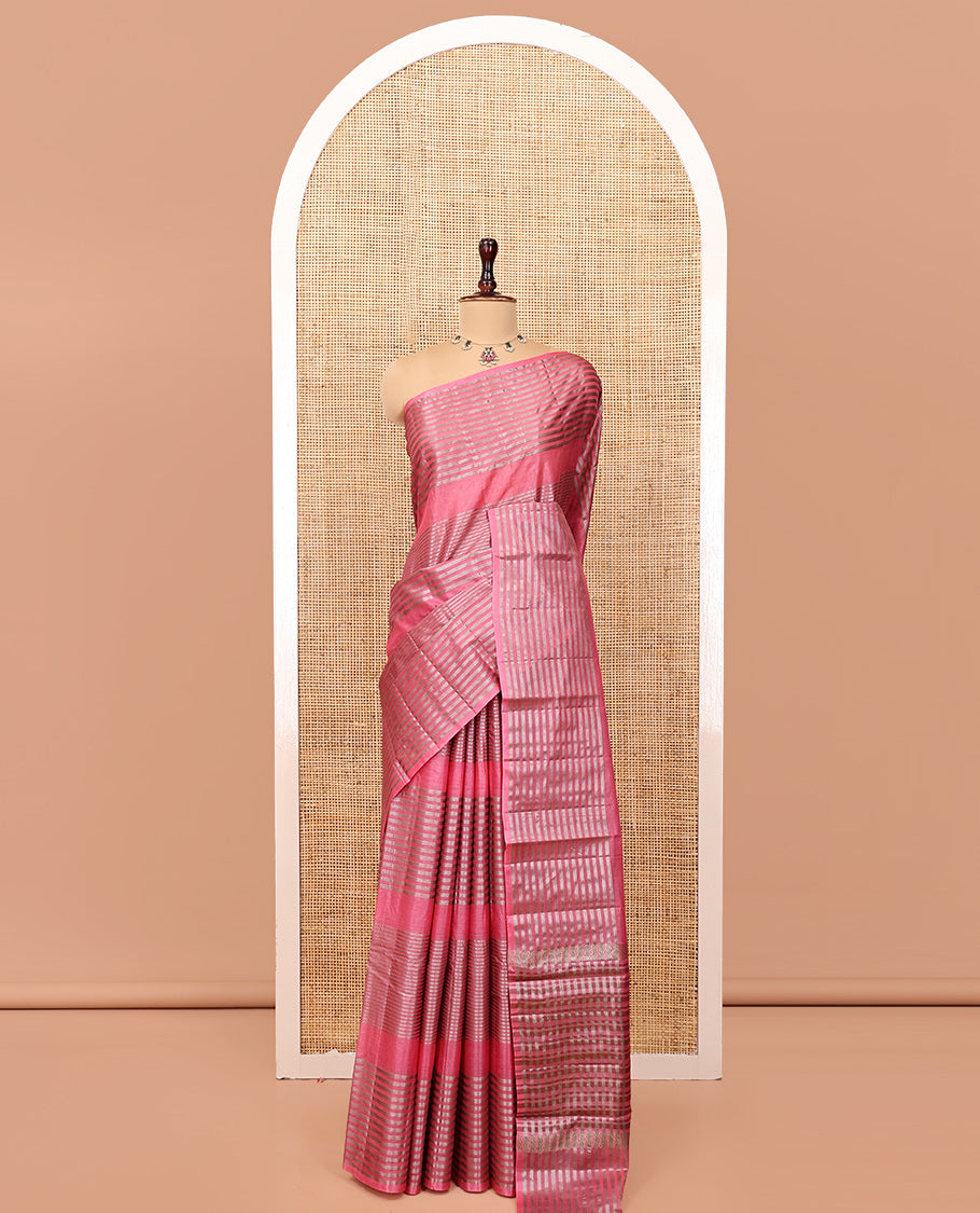 Pink Tussar Silk Saree, Highlighted by Horizontal Zari Stripes Running All Over Its Body, Highlighted by Zari Striped Border, Zari Gleamed up Pallu, and Paired with a Matching Blouse