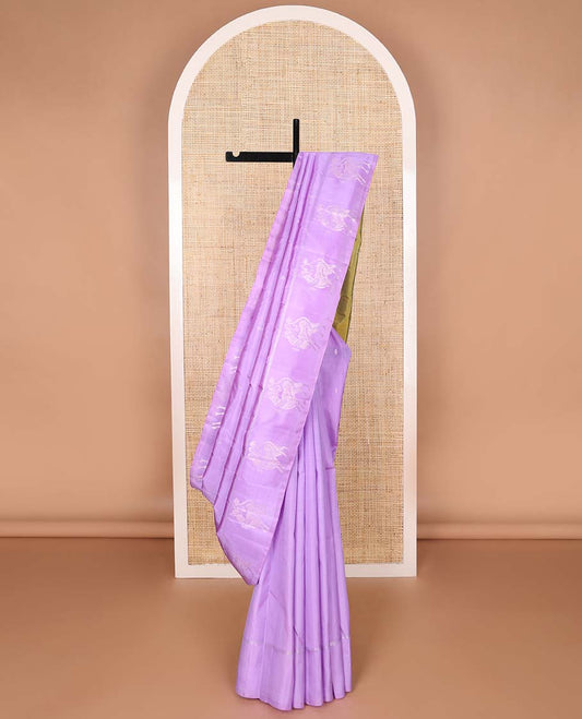 Purple buttas kancheepuram silk saree with self animal butta border & striped, floral design pallu