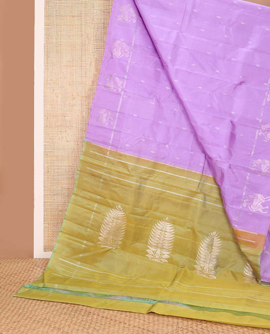 Purple buttas kancheepuram silk saree with self animal butta border & striped, floral design pallu