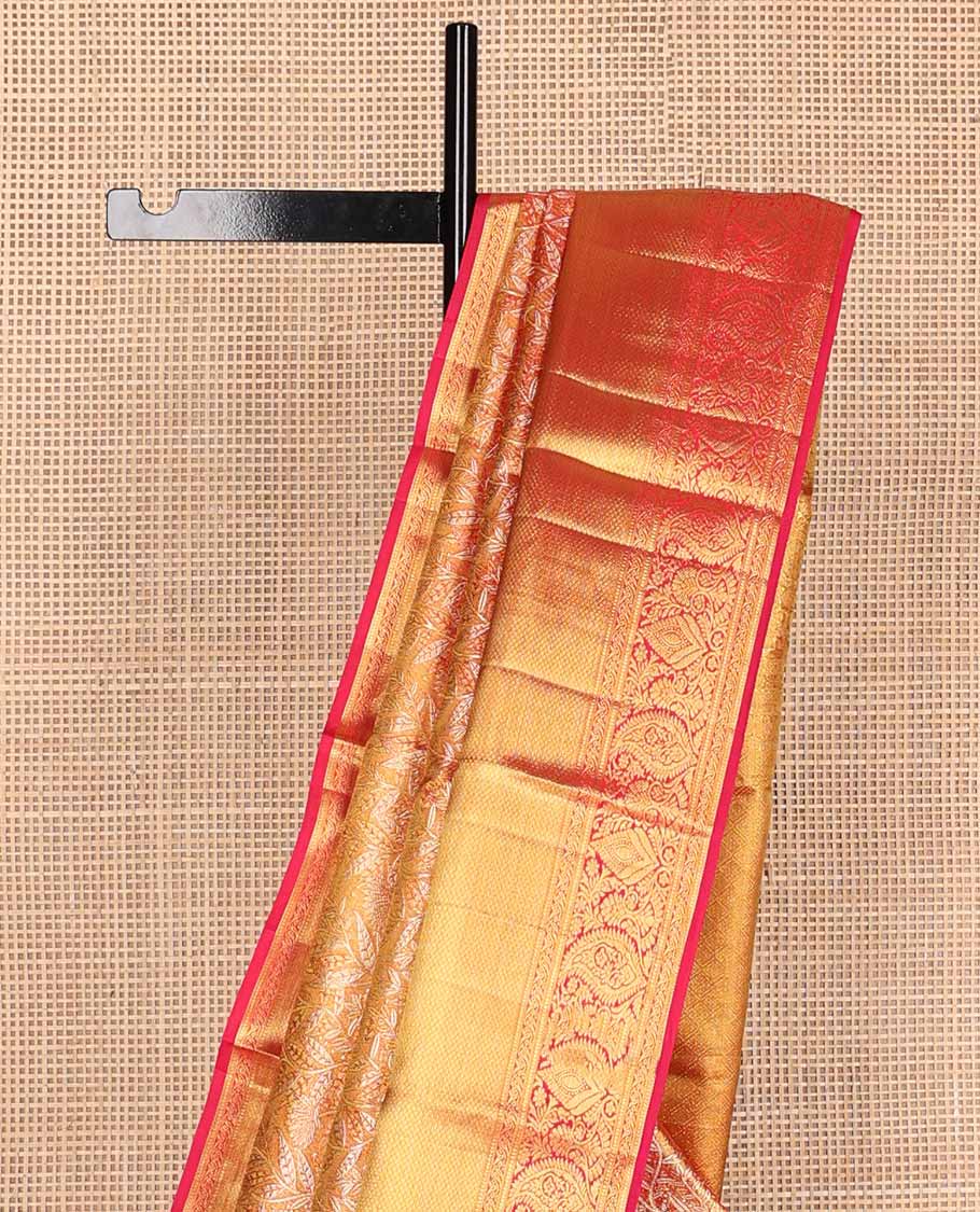 Red jacquard tissue silk saree, jaal pallu & zari border of muthu, banaras, mayil kann & arumbu manga designs