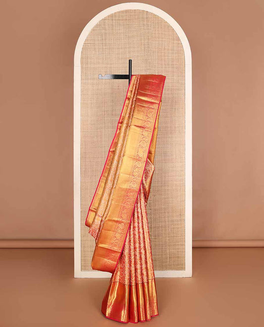 Red jacquard tissue silk saree, jaal pallu & zari border of muthu, banaras, mayil kann & arumbu manga designs