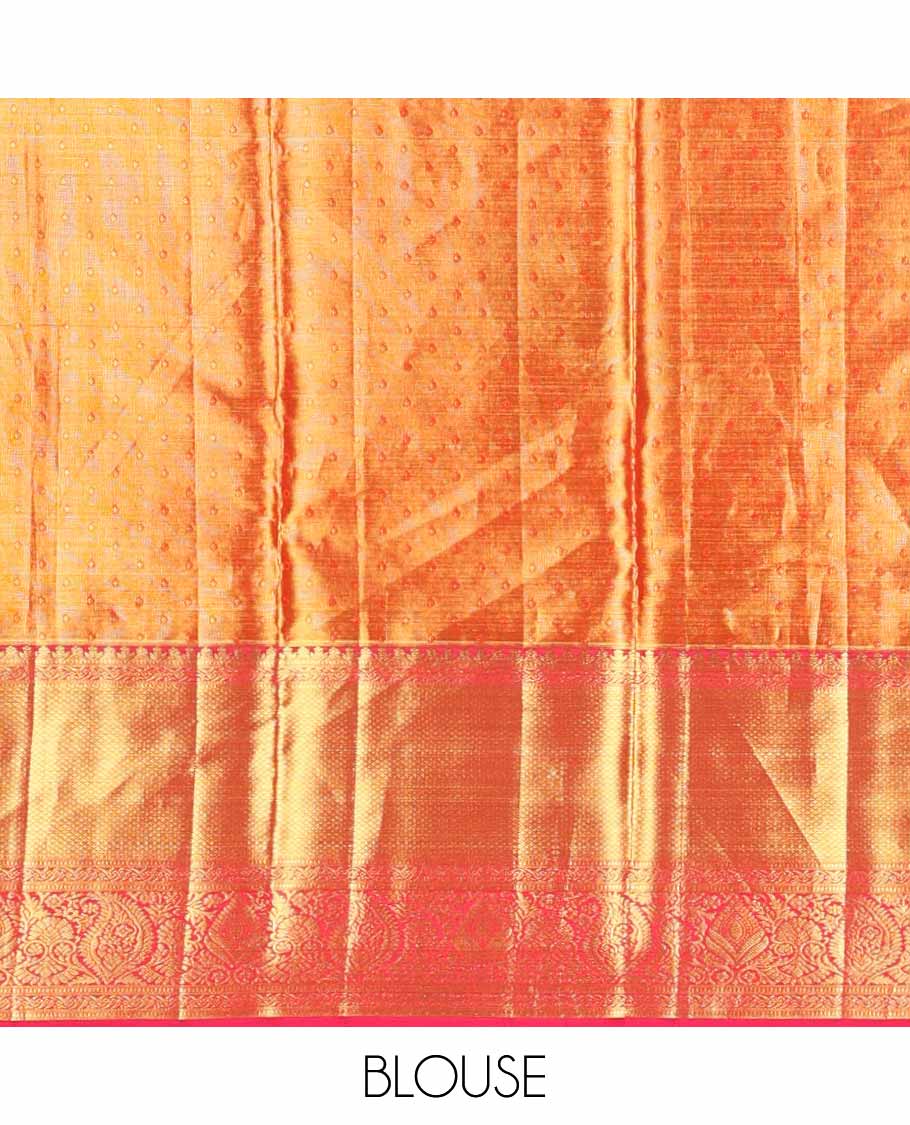 Red jacquard tissue silk saree, jaal pallu & zari border of muthu, banaras, mayil kann & arumbu manga designs