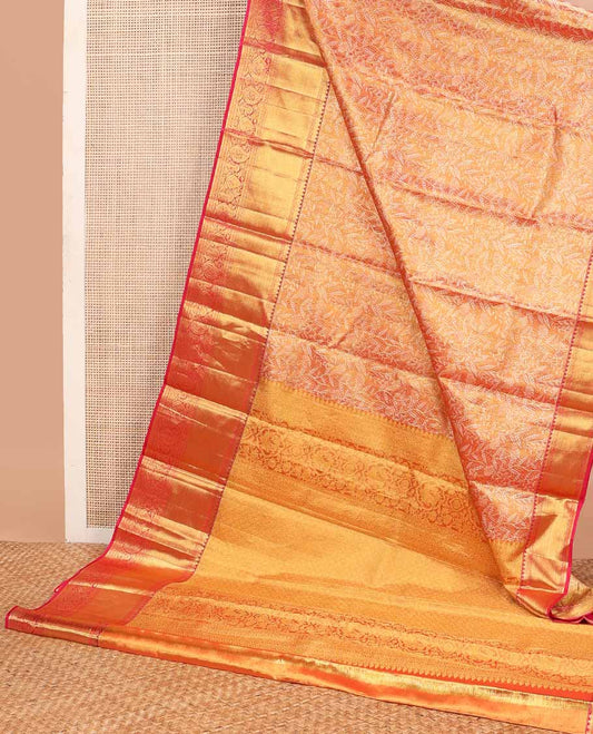Red jacquard tissue silk saree, jaal pallu & zari border of muthu, banaras, mayil kann & arumbu manga designs