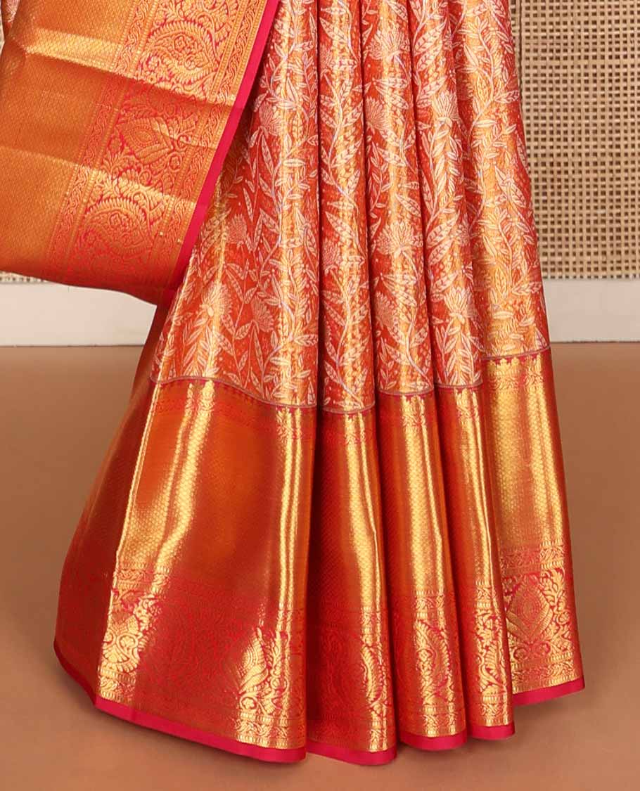 Red jacquard tissue silk saree, jaal pallu & zari border of muthu, banaras, mayil kann & arumbu manga designs