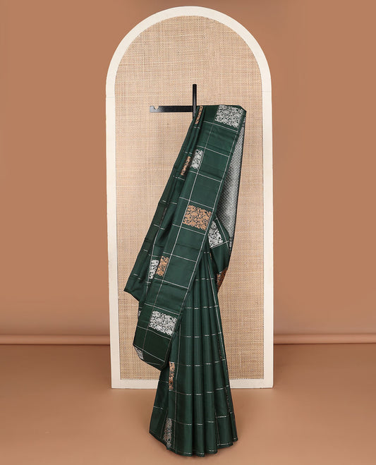 Borderless green checked & Vanasingaram buttas Kanchipuram silk saree, self-pallu of intricate designs
