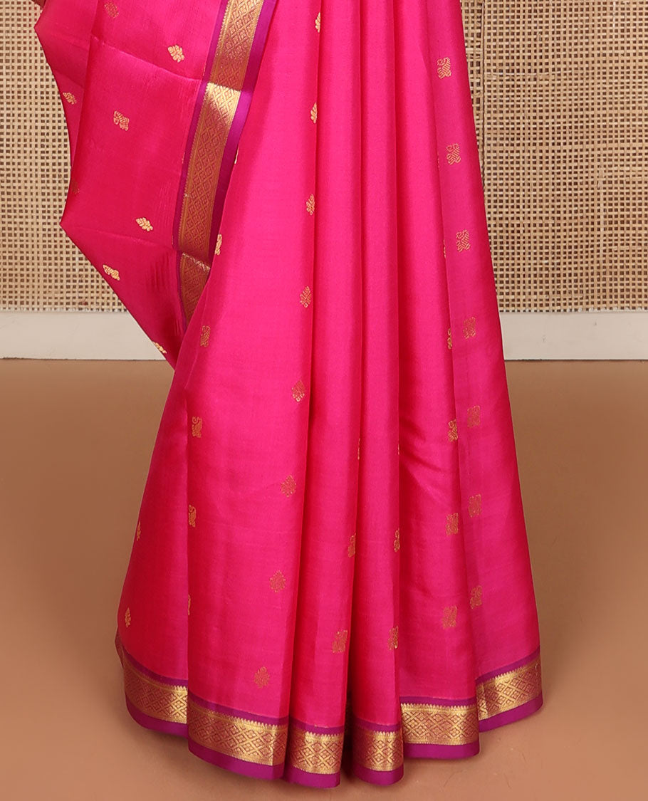 Pink zari buttas Kanchipuram silk saree, contrast border of rekku,muthu,banaras & jaal design & pallu of jaal designs