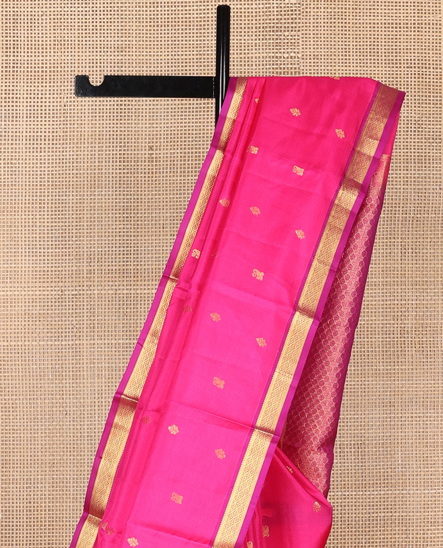 Pink zari buttas Kanchipuram silk saree, contrast border of rekku,muthu,banaras & jaal design & pallu of jaal designs