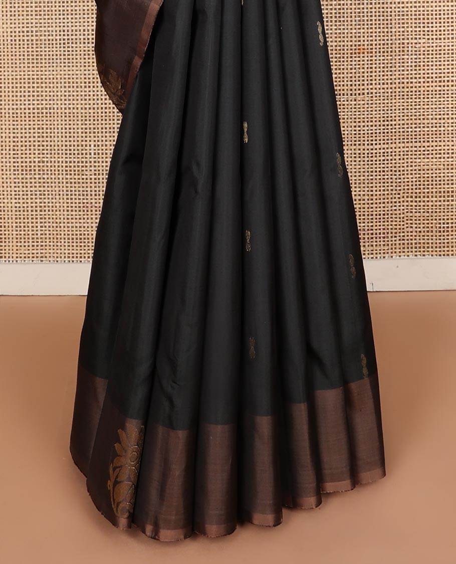 Black zari buttas Kanchipuram silk saree, contrast floral zari border, and floral motifs pallu