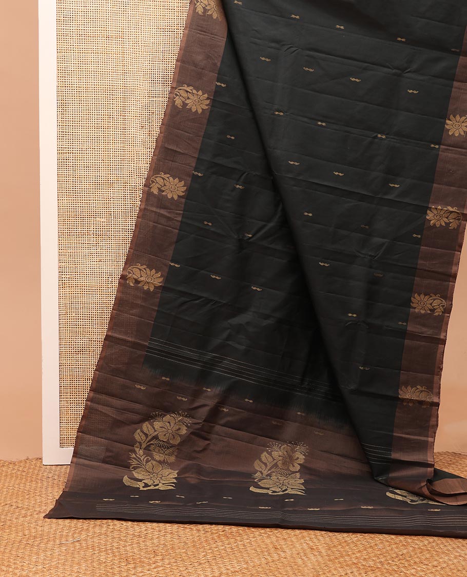 Black zari buttas Kanchipuram silk saree, contrast floral zari border, and floral motifs pallu