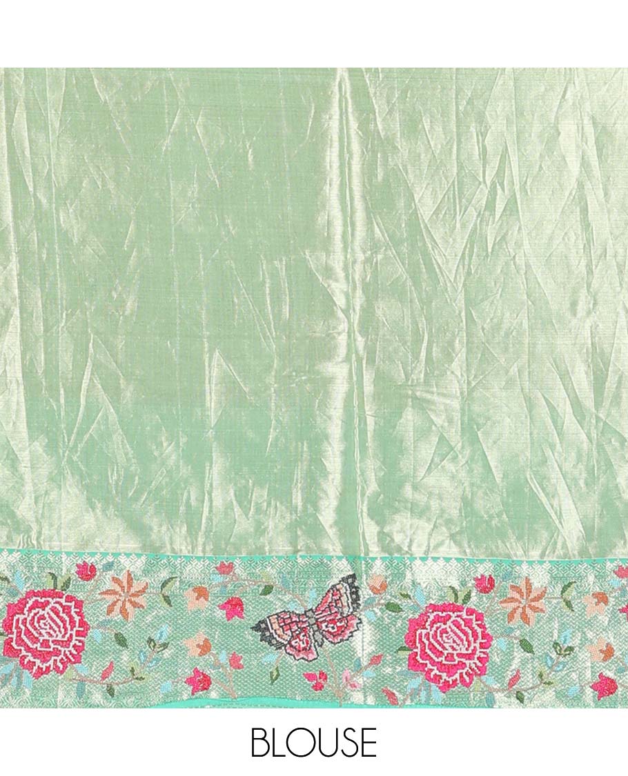 Pista green jacquard Kanchipuram silk saree, contrast traditional zari with meenakari floral vine, and butterflies embroidered border, and jaal pallu