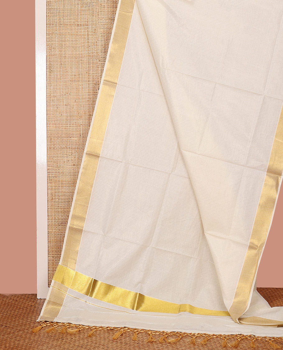 Cream Kerala Saree, Subtly Woven with Stripes on Its Body, Zari Bavanji Border, Sparkling Zari Woven Pallu, and Paired with a Matching Blouse