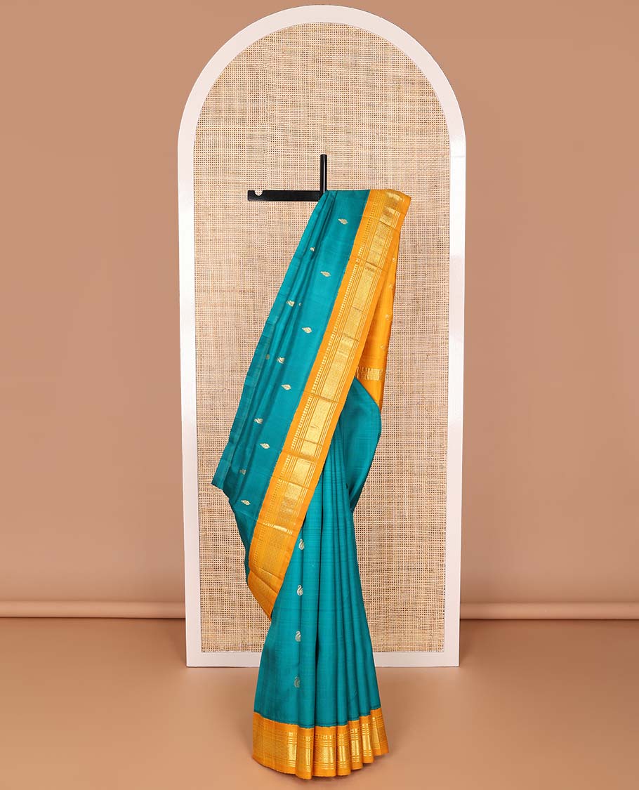 Blue floral buttas kancheepuram silk saree with contrast korvai border of rekku, banaras, geometric design & floral pallu