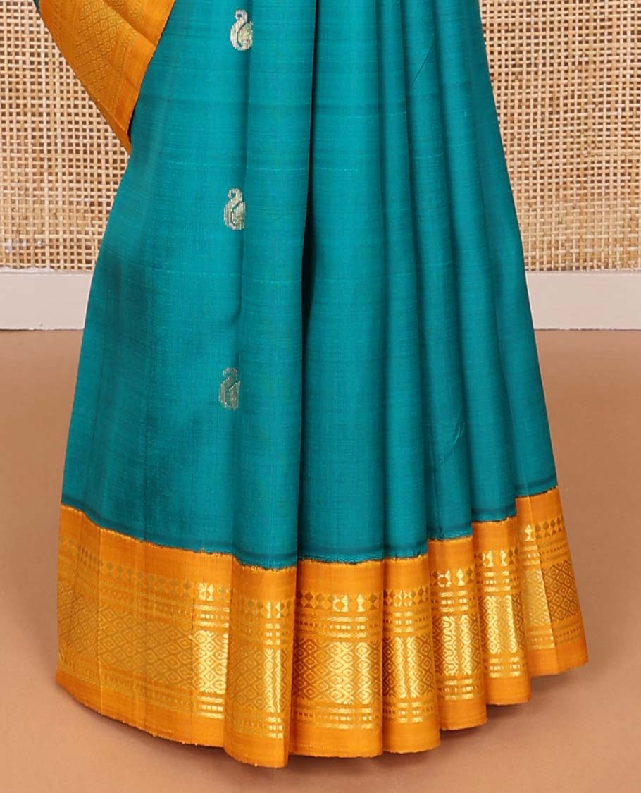 Blue floral buttas kancheepuram silk saree with contrast korvai border of rekku, banaras, geometric design & floral pallu