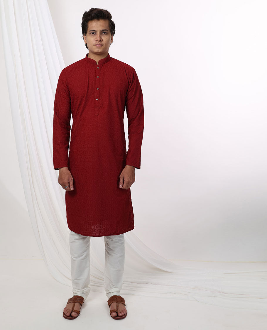 Red ogge design thread embroidery mandarin collar & full-sleeve long raw silk kurta