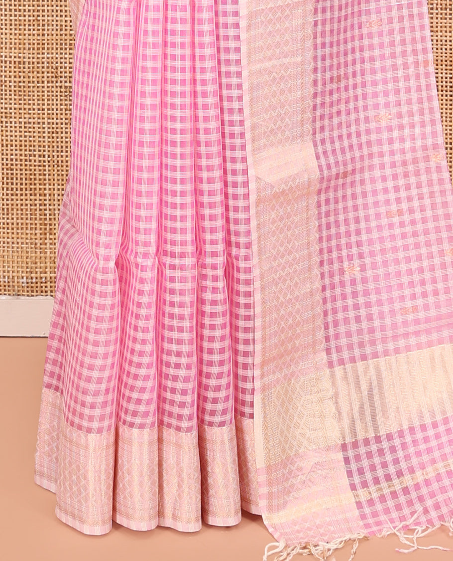 Pink Maheshwari Cotton Saree, Subtly Sparkled with Micro-Checks and Buttas, Complemented by a Contrast Border, Checked Pallu, and Paired with a Matching Blouse