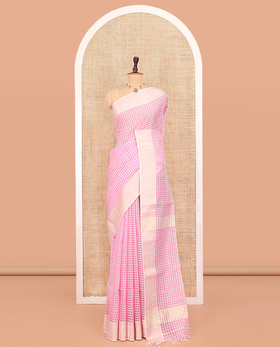 Pink Maheshwari Cotton Saree, Subtly Sparkled with Micro-Checks and Buttas, Complemented by a Contrast Border, Checked Pallu, and Paired with a Matching Blouse