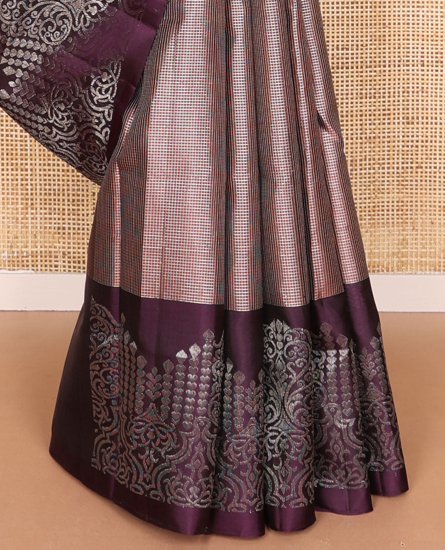 Violet checked mayuri soft silk saree with self intricate zari design border & floral zari design pallu