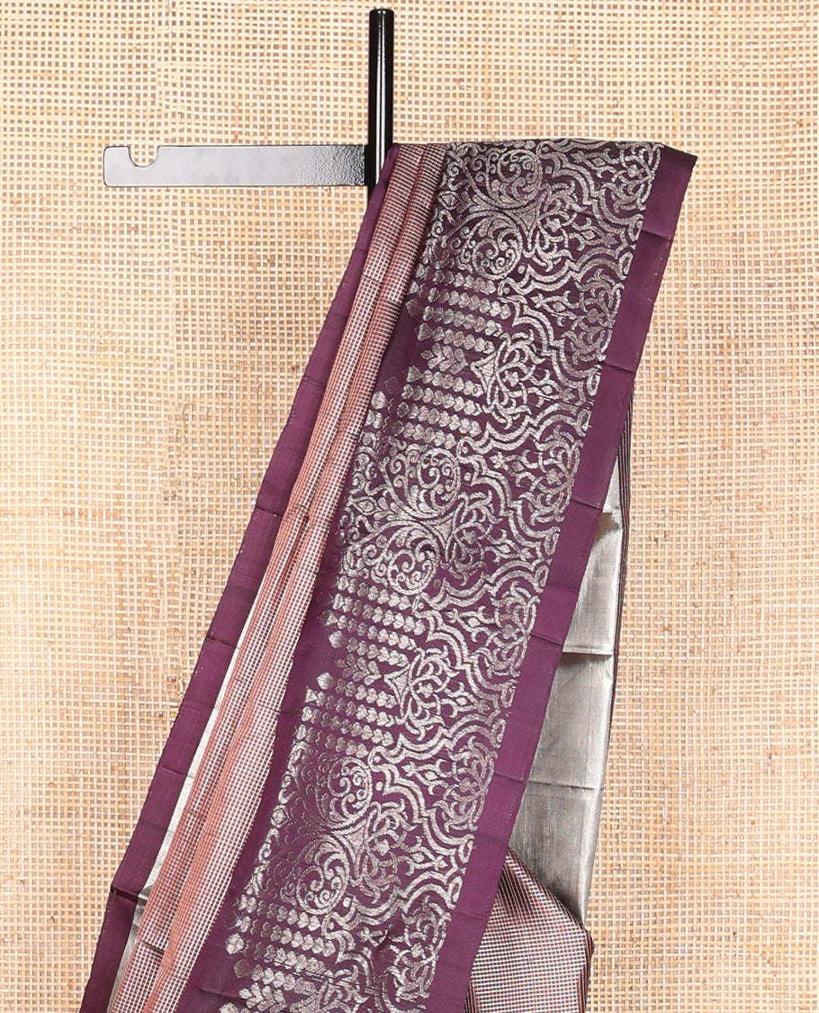 Violet checked mayuri soft silk saree with self intricate zari design border & floral zari design pallu