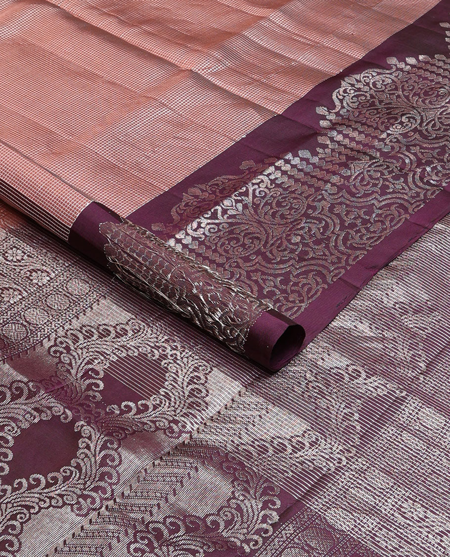 Violet checked mayuri soft silk saree with self intricate zari design border & floral zari design pallu