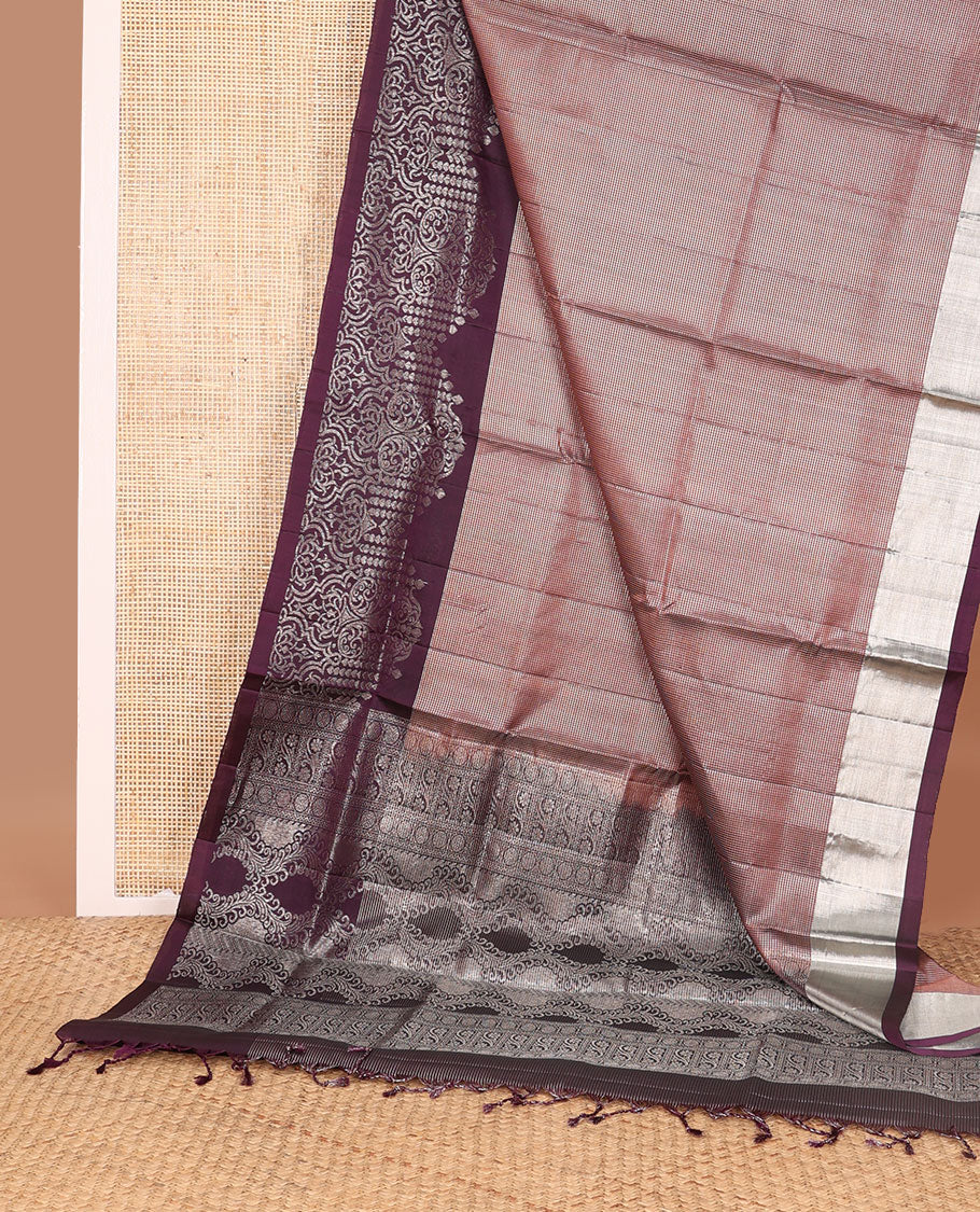 Violet checked mayuri soft silk saree with self intricate zari design border & floral zari design pallu