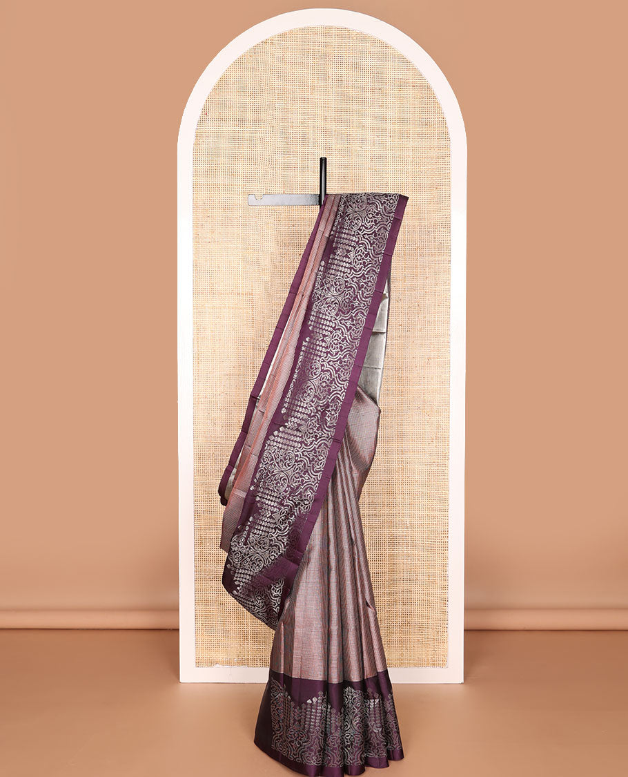 Violet checked mayuri soft silk saree with self intricate zari design border & floral zari design pallu