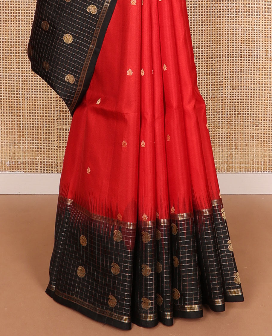 Red floral buttas mayuri soft silk saree with contrast zari design border & floral design pallu