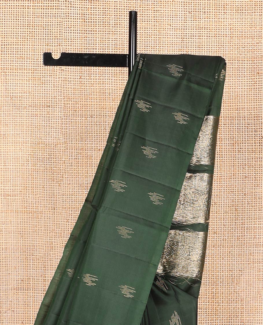 Borderless deep green zari buttas soft silk saree, pallu of geometric design