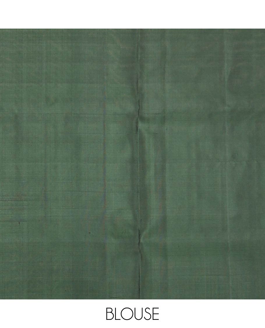Borderless deep green zari buttas soft silk saree, pallu of geometric design