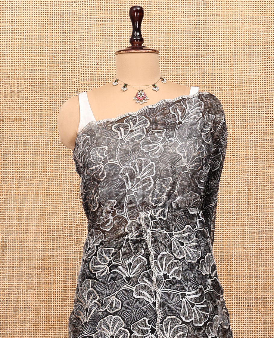 Black Organza Saree, Finely Crafted with Floral Thread Embroidery, Scallop-Embroidered Border, and a Matching Floral Embroidered Blouse
