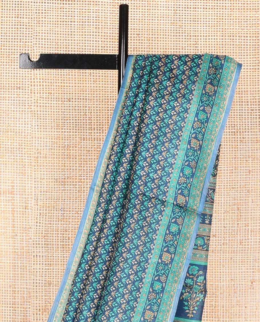 Dark blue leaf design printed silk saree with contrast intricate design border & floral design pallu