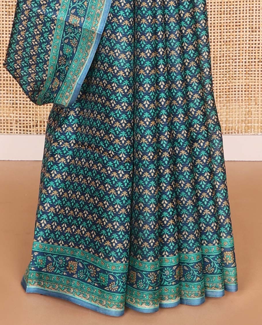 Dark blue leaf design printed silk saree with contrast intricate design border & floral design pallu