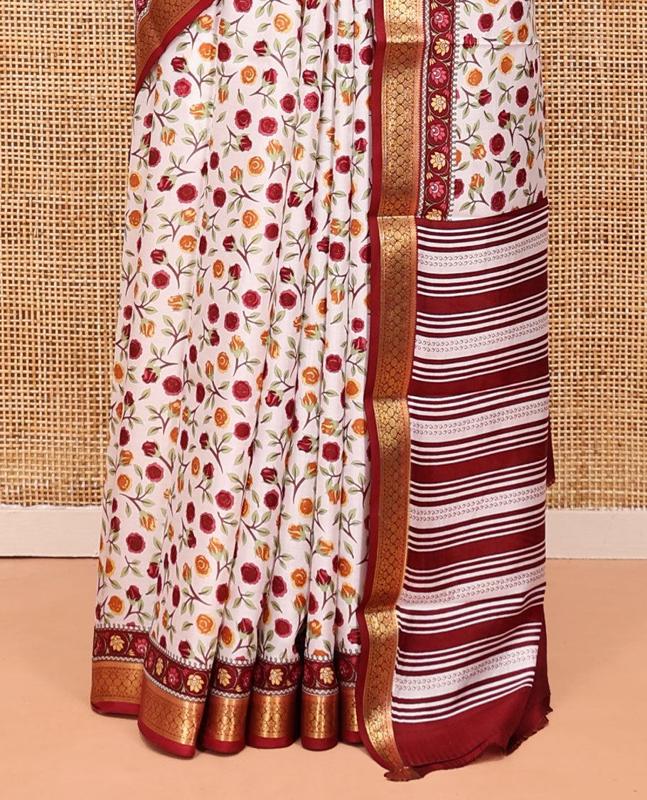 Cream Printed Silk Saree Beautified with a Floral Print, Contrast Traditional Zari Border, Striped Pallu, and Contrast Blouse