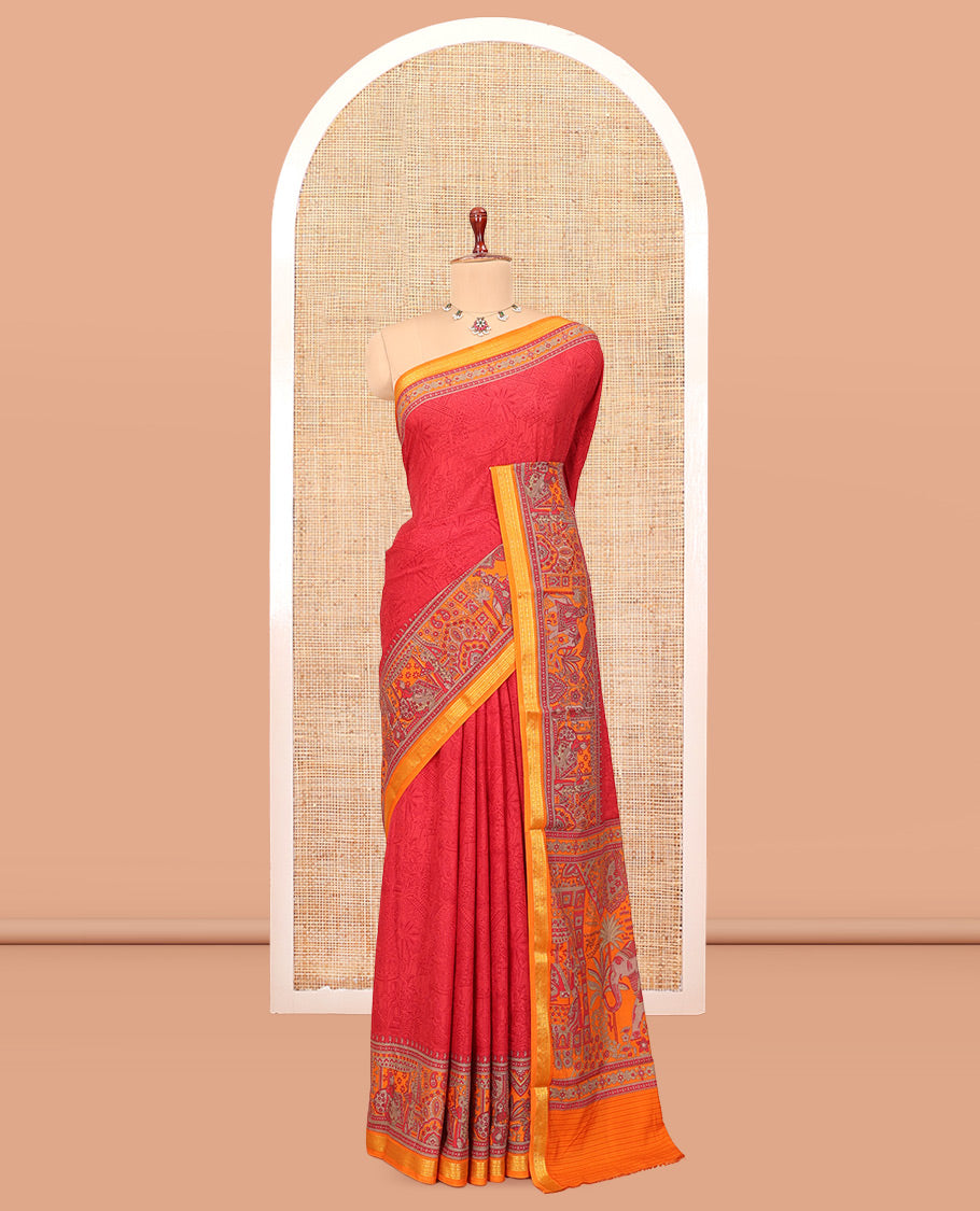 Red Sparsely Motifs Printed Silk Saree, Embellished with Floral Print, a Contrast Ancient Mughal-Style Human Motif Printed Border, and a Contrast Blouse