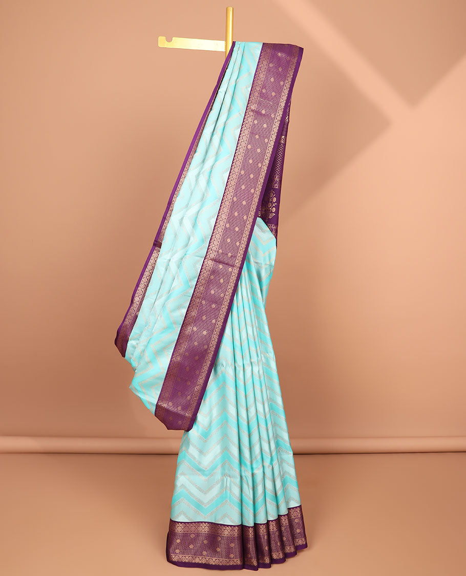 Light blue zig zag floral striped soft silk saree with contrast zari design border & floral, zig zag striped zari design pallu