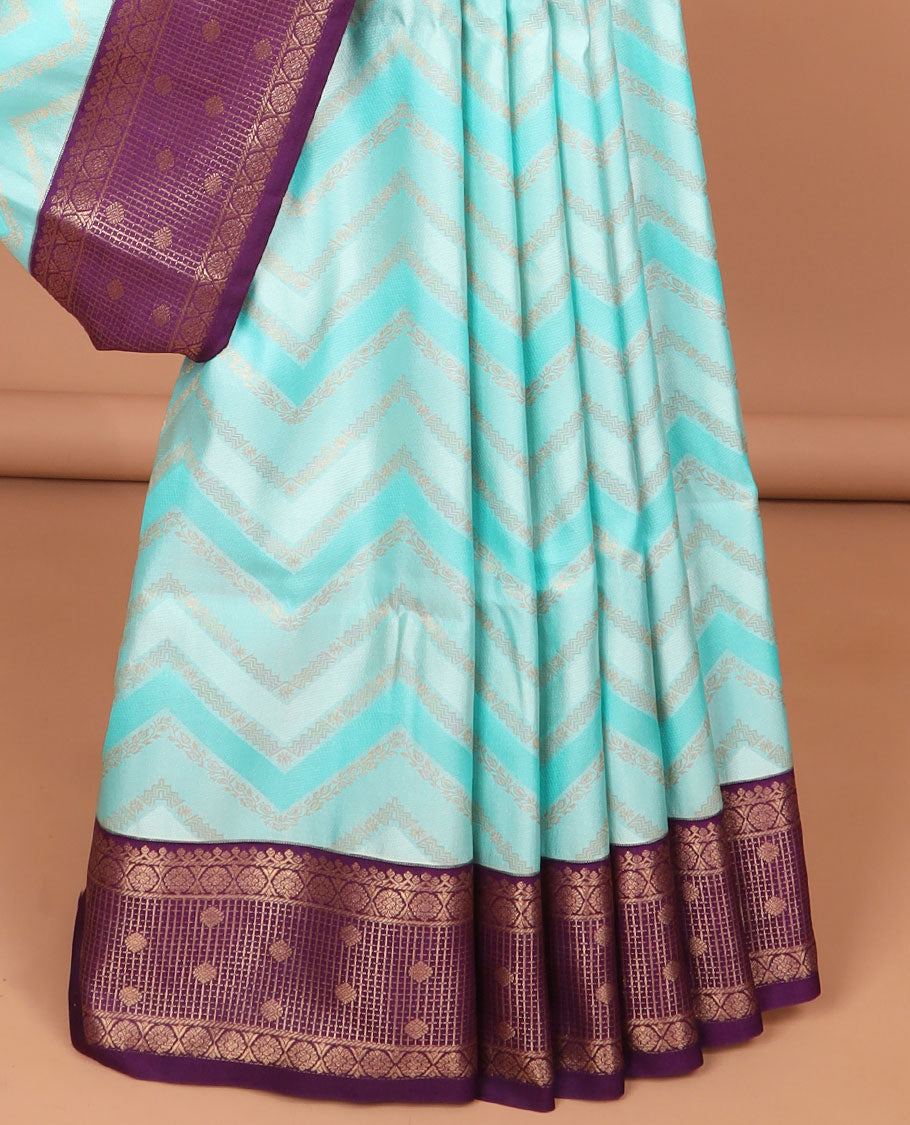 Light blue zig zag floral striped soft silk saree with contrast zari design border & floral, zig zag striped zari design pallu